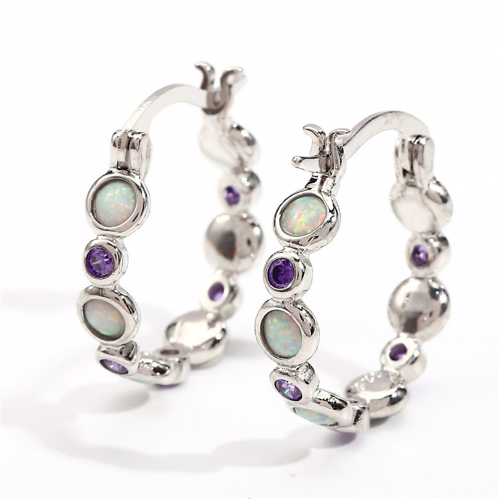 Round Opal Color Zircon Full Diamond Ring Ear Clip Female
