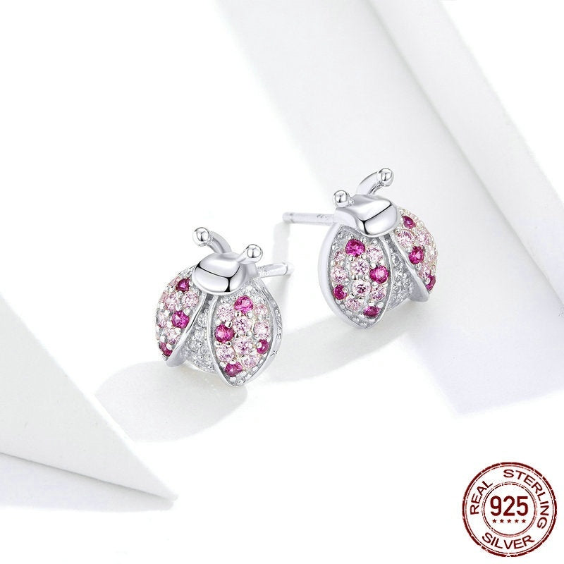 S925 LADYBIRD Earrings White Gold Plated Whole Body Silver