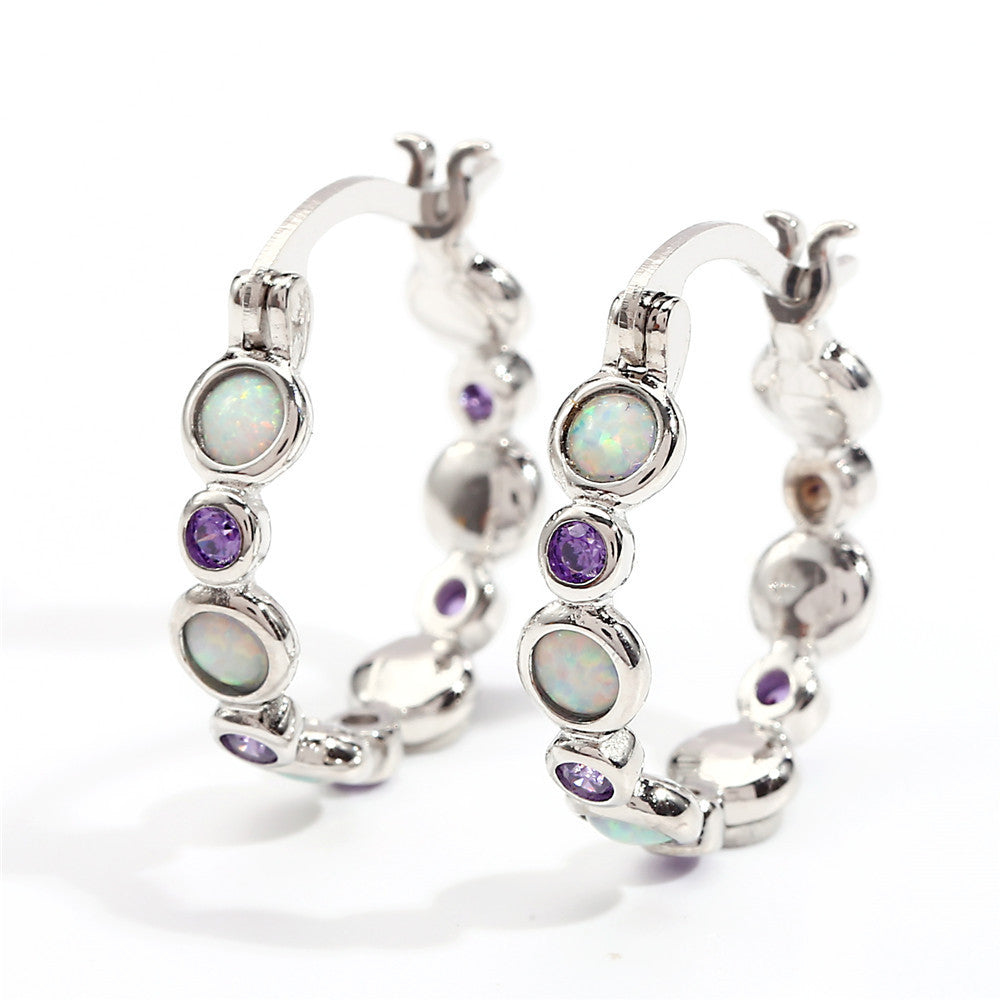 Round Opal Color Zircon Full Diamond Ring Ear Clip Female