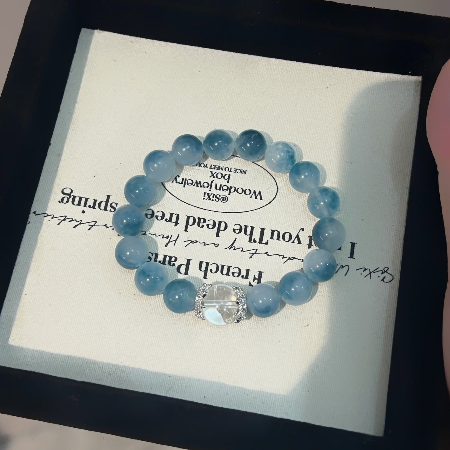 White Crystal Ink Blue Floating Flower Chalcedony Aquamarine Bracelet