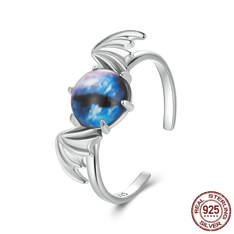 S925 Sterling Silver Wings Blue Devil's Eye Open Ring