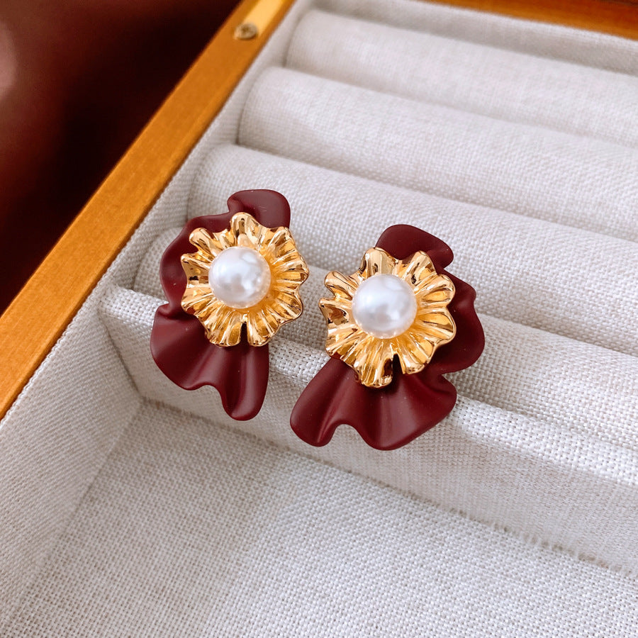 Real Gold Electroplated Silver Needle Pearl Flower Earrings