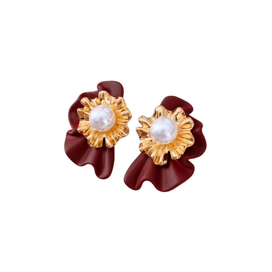 Real Gold Electroplated Silver Needle Pearl Flower Earrings