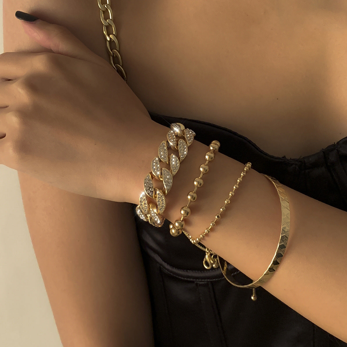Fashion Diamond-studded Cuban Buckle Pattern Bracelet Suit