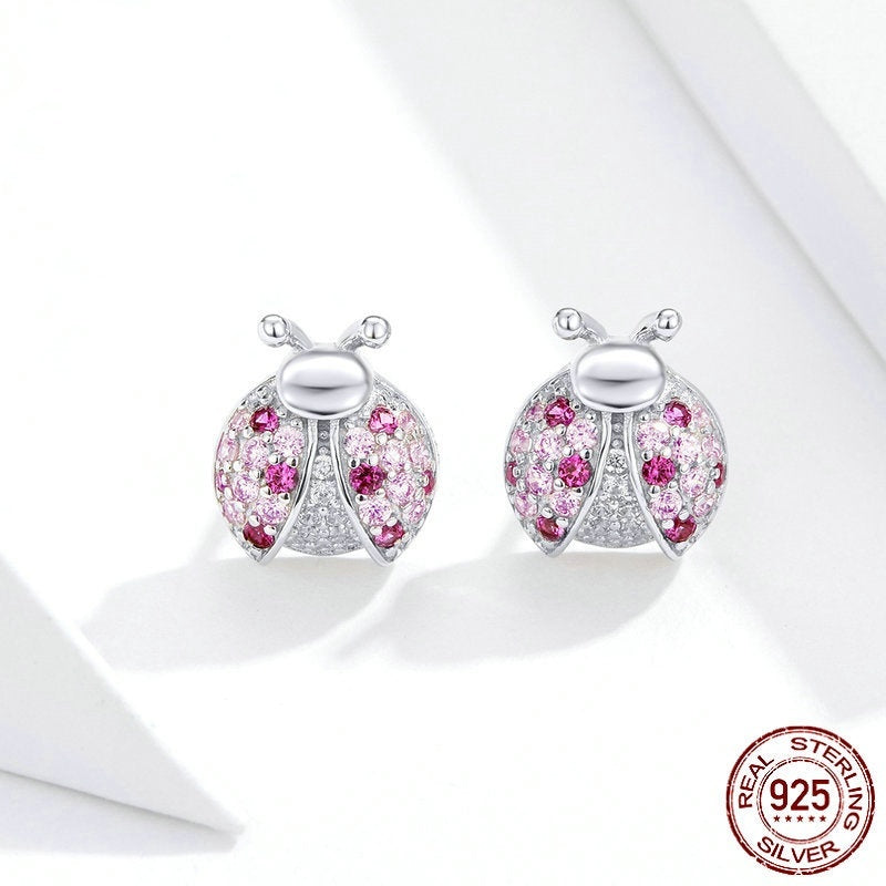 S925 LADYBIRD Earrings White Gold Plated Whole Body Silver