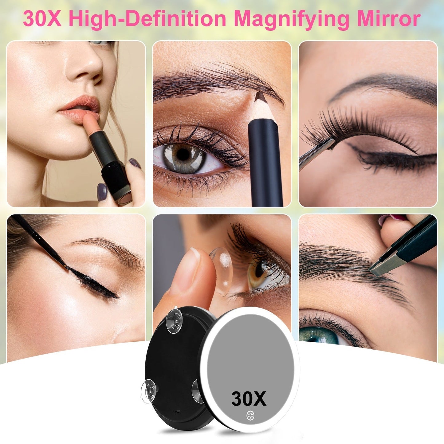 White-Black Options -- 1Pc 30X Magnifying Mirror With Light 3 Colors Dimmable Brightness Included Tweezer Scissor Travel Magnifying Makeup Mirror With Suction Cup 360 Degree Adjustable Stand Louisiana Mart