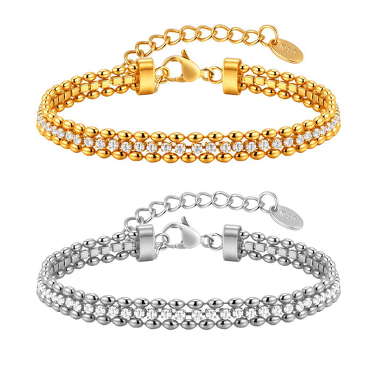 Fashion Stainless Steel Double Row Olive Beads White Zircon Bracelet