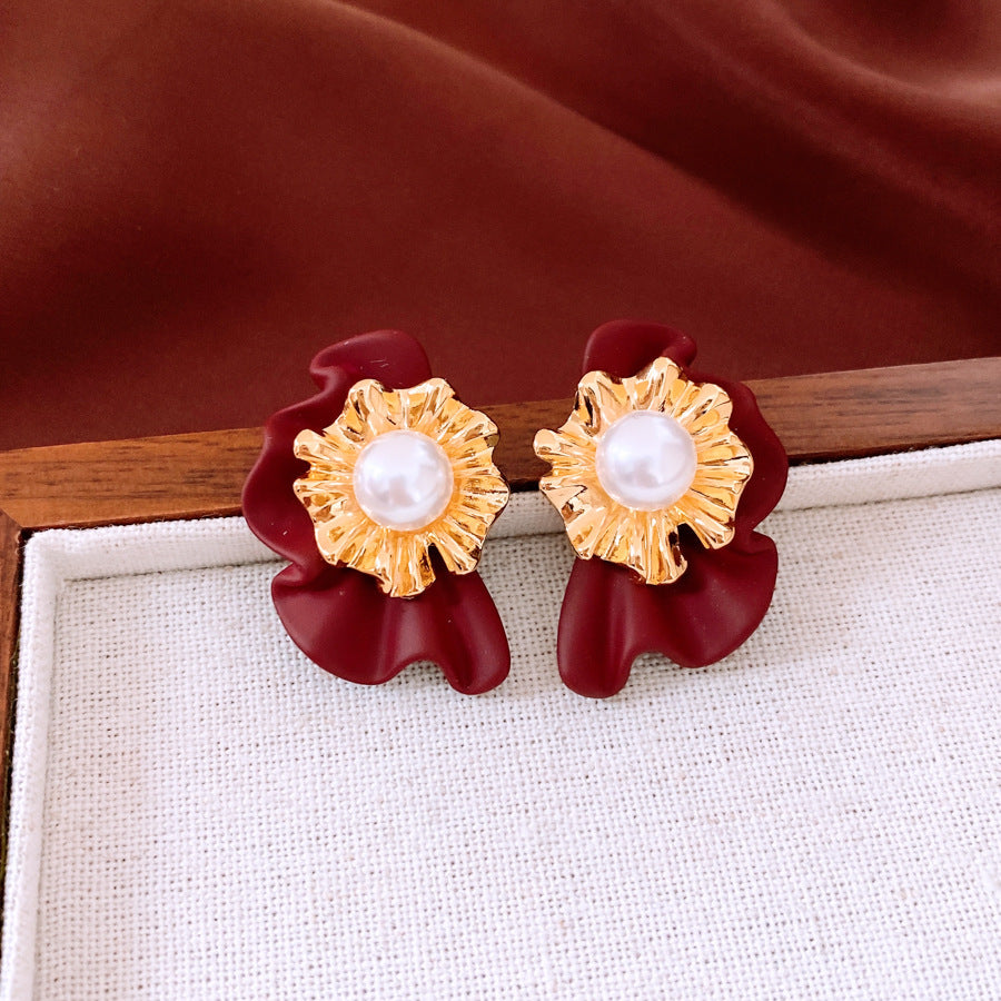 Real Gold Electroplated Silver Needle Pearl Flower Earrings