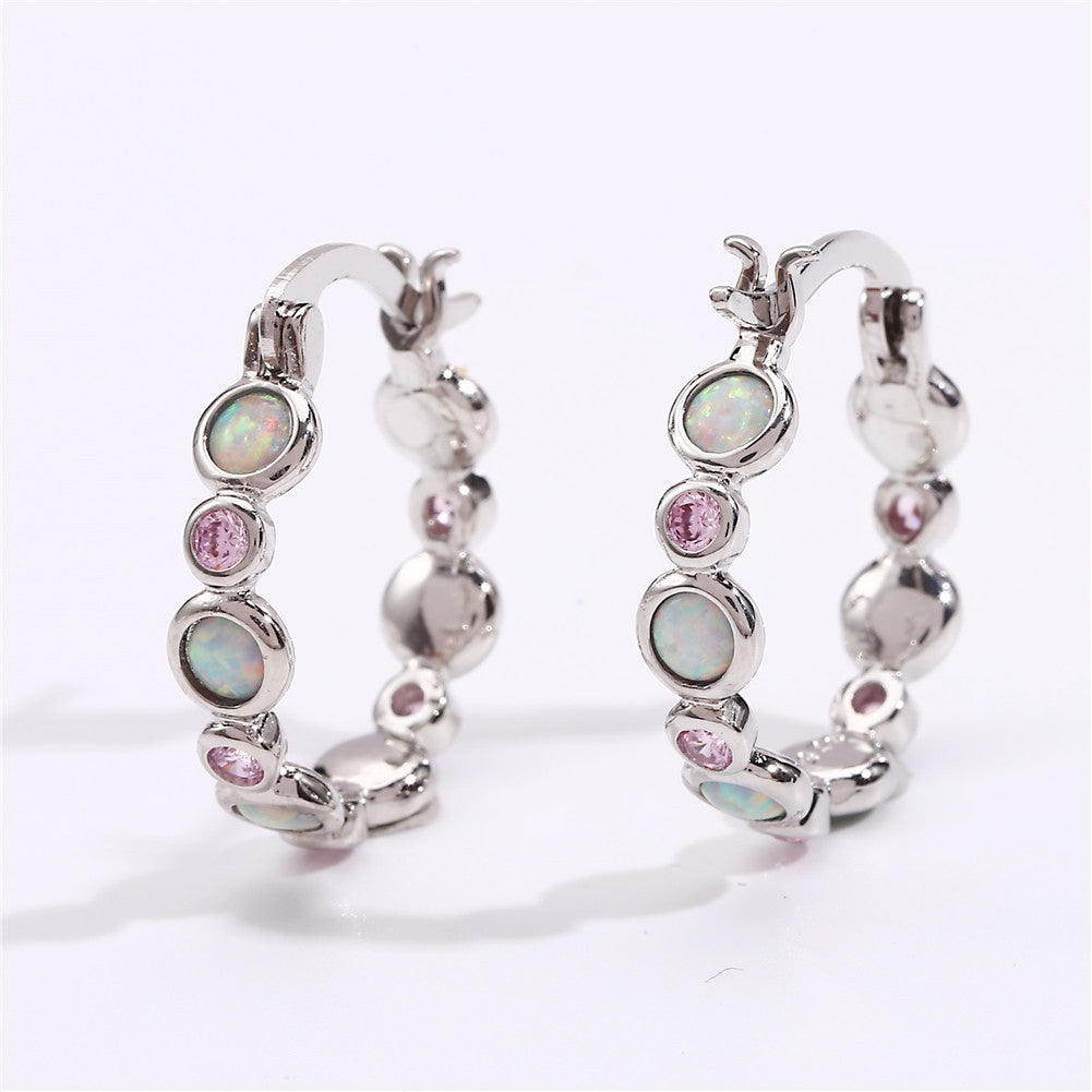 Round Opal Color Zircon Full Diamond Ring Ear Clip Female