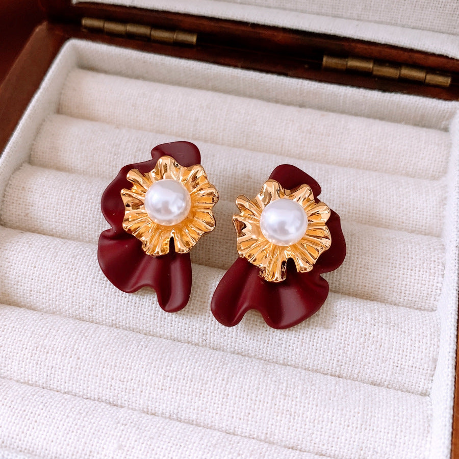 Real Gold Electroplated Silver Needle Pearl Flower Earrings