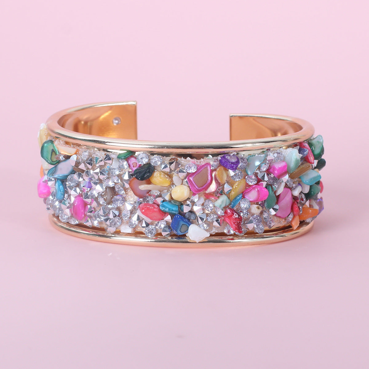 Fashion Wide Women's Retro Color Gravel C- Shaped Opening Bracelet