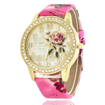 Women's Diamond Rose Watch Elegant Gold Case Quartz 38mm