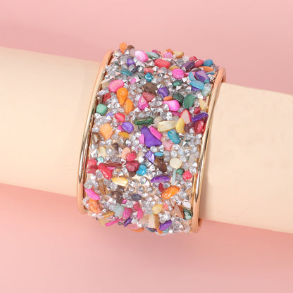 Fashion Wide Women's Retro Color Gravel C- Shaped Opening Bracelet