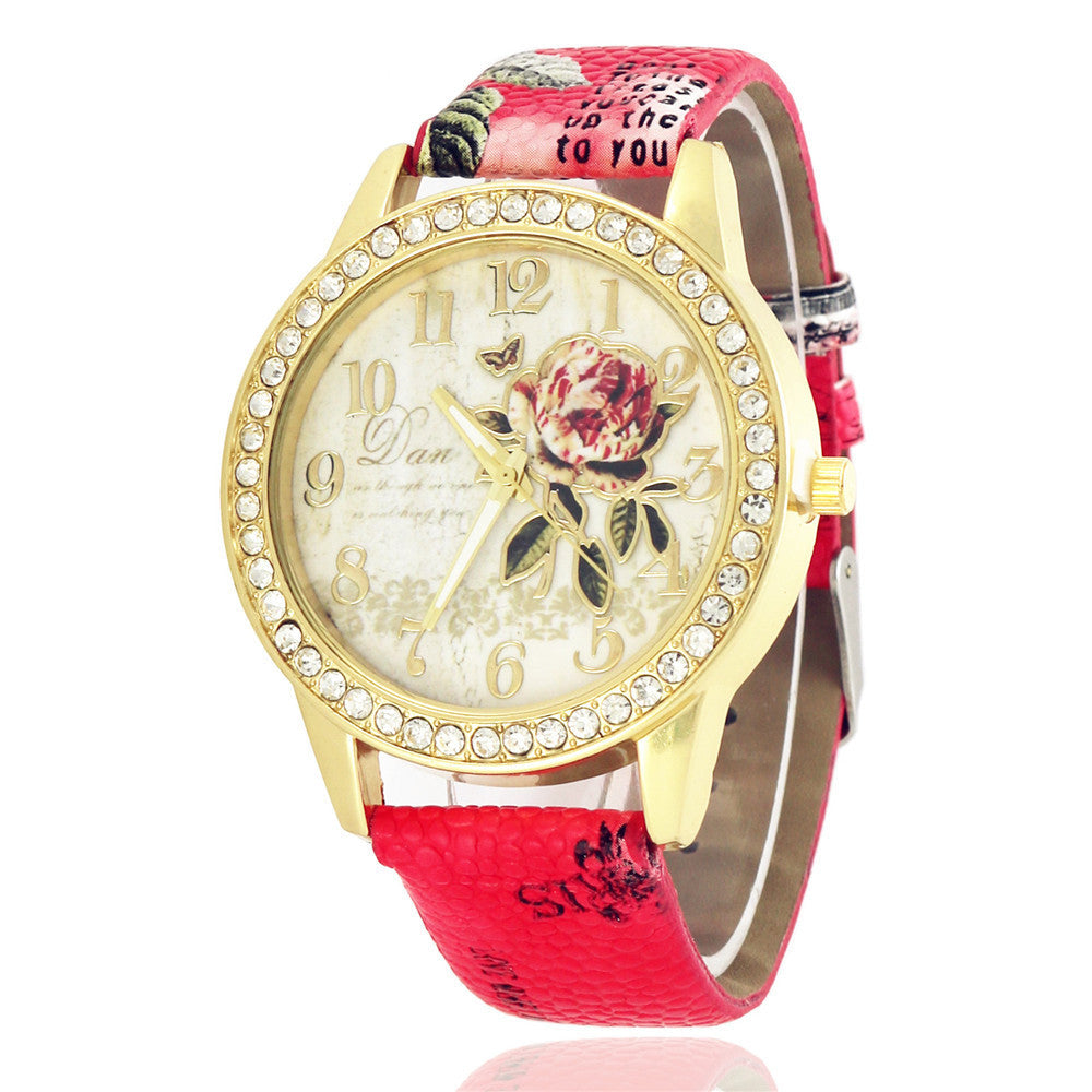 Women's Diamond Rose Watch Elegant Gold Case Quartz 38mm