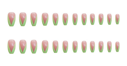 PD-57 Ballet Green French Net Red Fake Nail Sticker Nail Nail Patch Can Be Taken Off And Worn By Women
