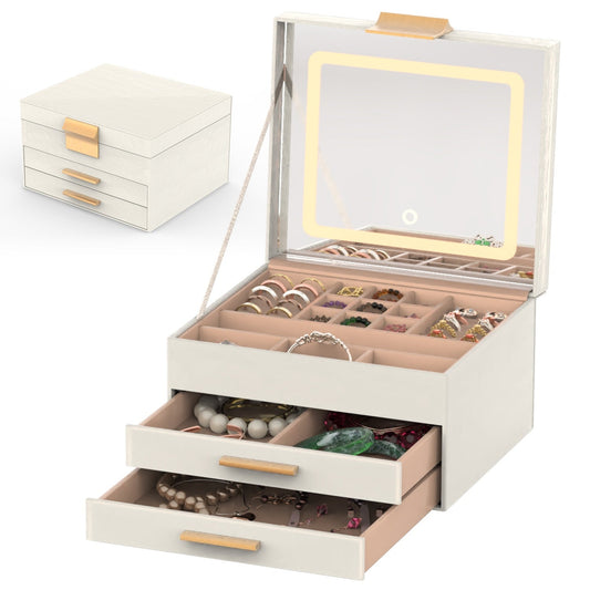 1 Set Jewelry Box With LED Mirror 3 Layer Jewelry Organizer With 2 Drawers PU Jewelry Holder With 3 Mirror Light Colors Dimmable For Earrings Rings Bracelets Necklaces Louisiana Mart
