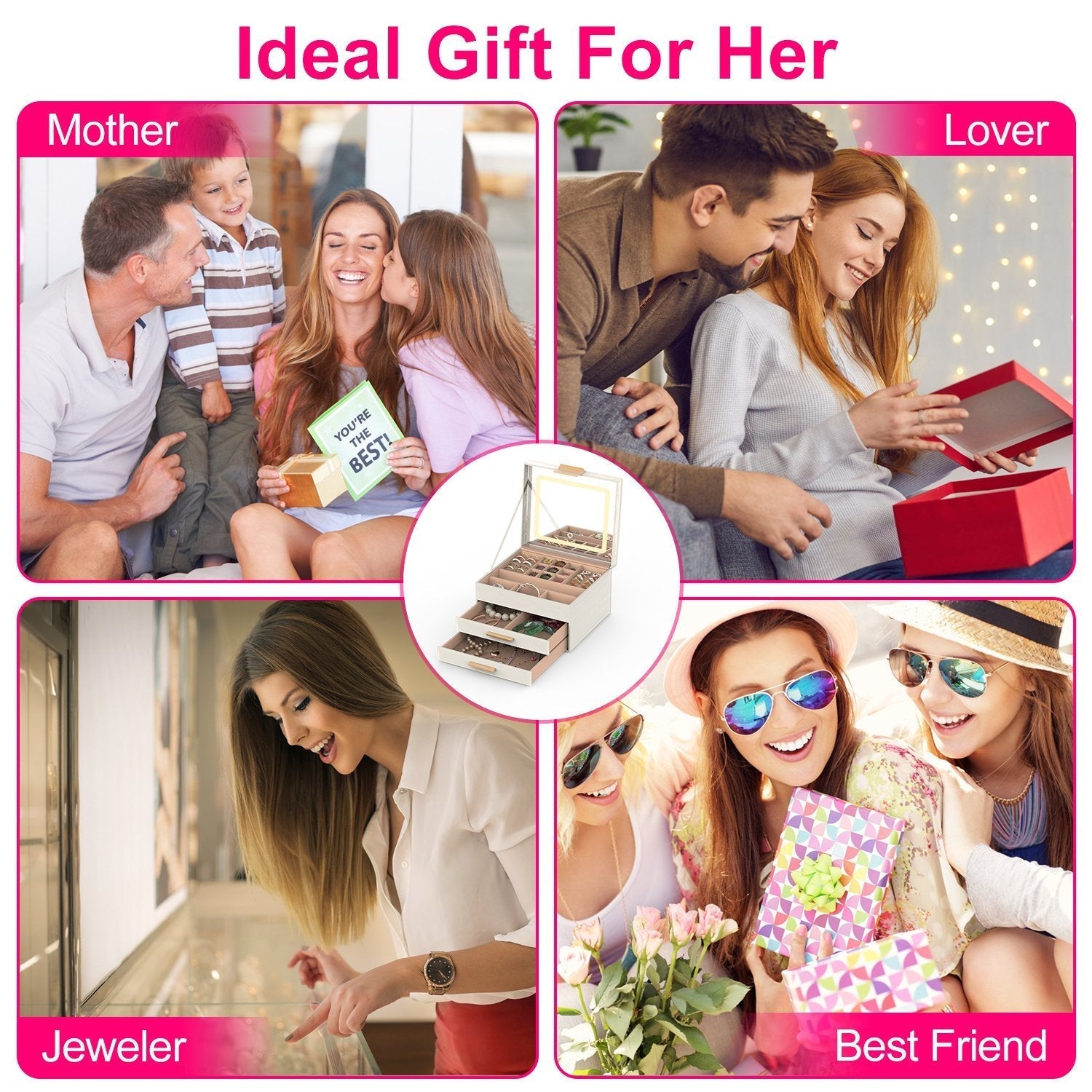 1 Set Jewelry Box With LED Mirror 3 Layer Jewelry Organizer With 2 Drawers PU Jewelry Holder With 3 Mirror Light Colors Dimmable For Earrings Rings Bracelets Necklaces Louisiana Mart