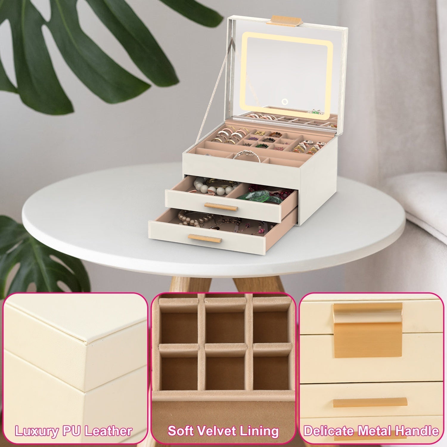 1 Set Jewelry Box With LED Mirror 3 Layer Jewelry Organizer With 2 Drawers PU Jewelry Holder With 3 Mirror Light Colors Dimmable For Earrings Rings Bracelets Necklaces Louisiana Mart