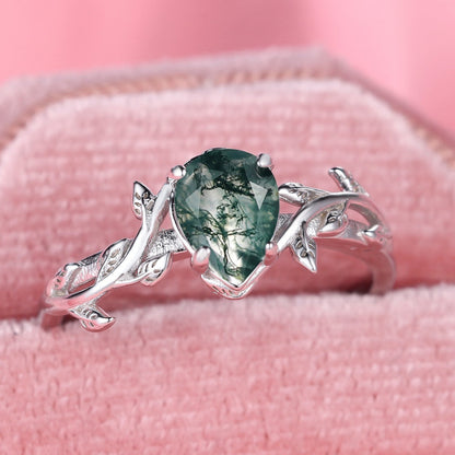S925 Silver Drop-shaped Agate Edge Branch Leaf Ring