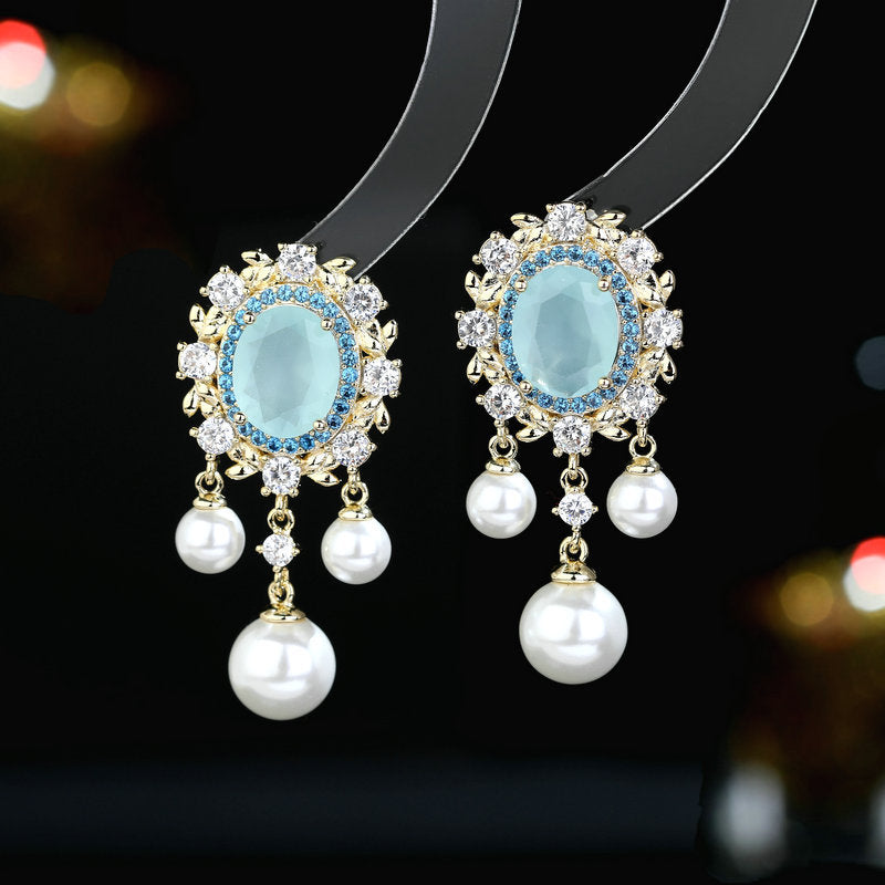 Oval Zircon Inlaid Pearl Tassel Earrings