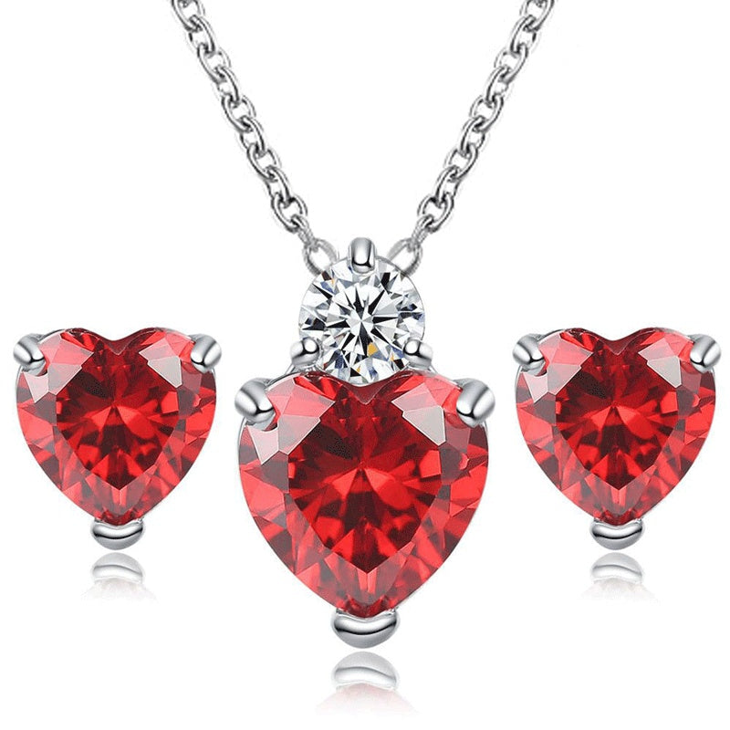 Bridal Jewelry Set Earrings Necklace with heart-shaped red gemstones and silver chain, perfect wedding accessories.