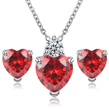 Bridal Jewelry Set Earrings Necklace with heart-shaped red gemstones and silver chain, perfect wedding accessories.