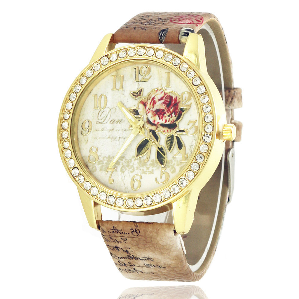 Women's Diamond Rose Watch Elegant Gold Case Quartz 38mm