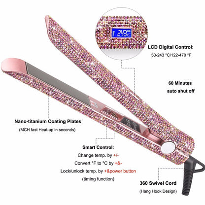 Professional Glitter Hair Flat Iron Titanium Plate Diamond Hair Straightener Crystal Hair Styling Hot Tools Louisiana Mart