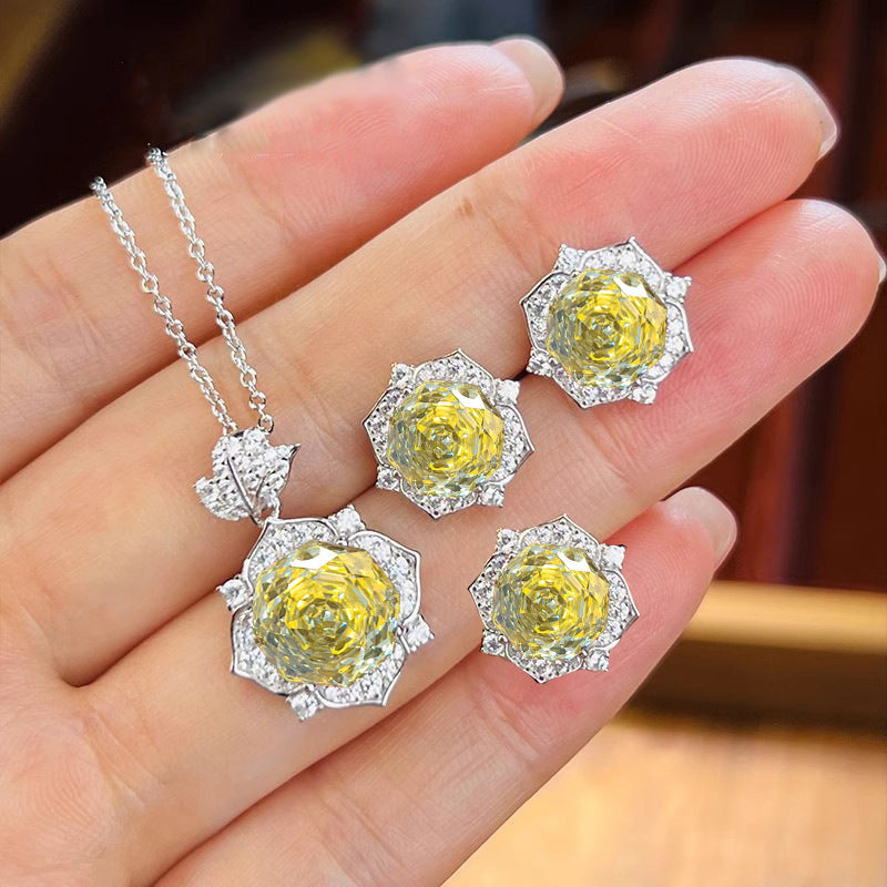 Flower Ring Elegant Graceful High Carbon Diamond Goose Yellow Stud Earrings