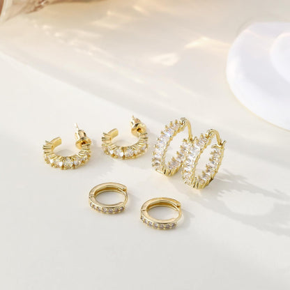 Real Gold Brass Plating Inlaid Zircon Full Diamond Circle Elegant Lady Advanced Earring Set