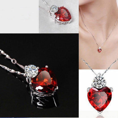 Bridal Jewelry Set Earrings Necklace featuring a heart-shaped red gemstone pendant and silver chain, perfect for weddings.