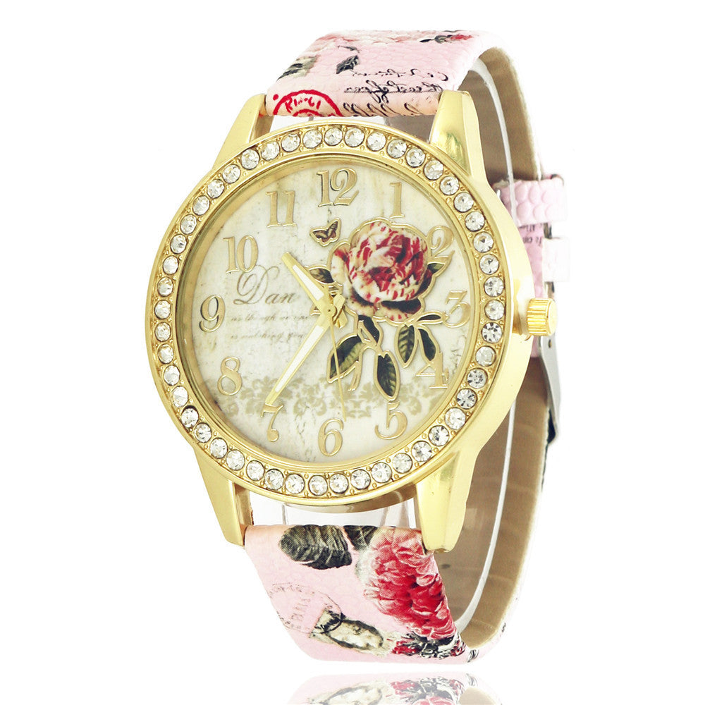 Women's Diamond Rose Watch Elegant Gold Case Quartz 38mm