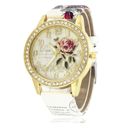 Women's Diamond Rose Watch Elegant Gold Case Quartz 38mm