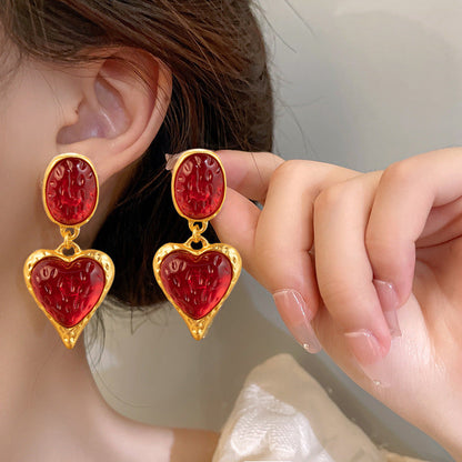 Silver Needle Pleated Oval Love Heart Earrings