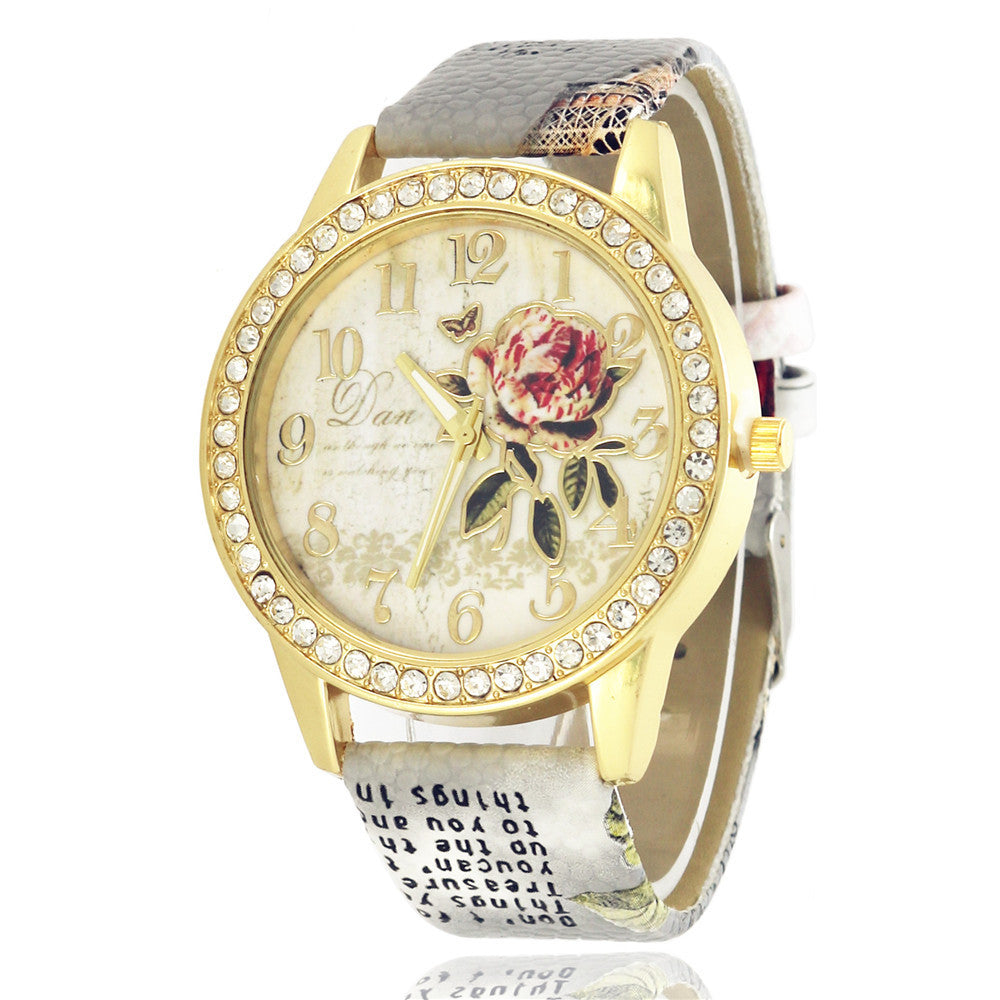 Women's Diamond Rose Watch Elegant Gold Case Quartz 38mm