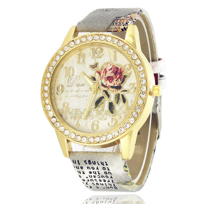 Women's Diamond Rose Watch Elegant Gold Case Quartz 38mm