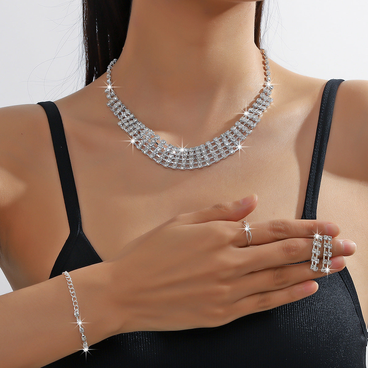 Necklace Bracelet Set Women Earrings Ring Rhinestone Chain
