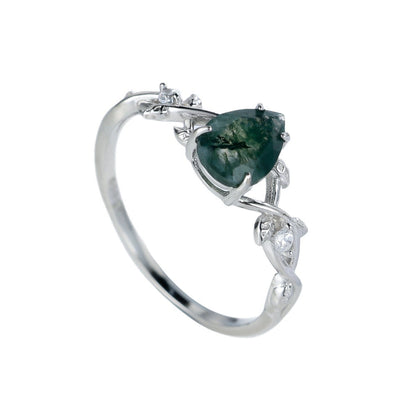 S925 Silver Drop-shaped Agate Edge Branch Leaf Ring