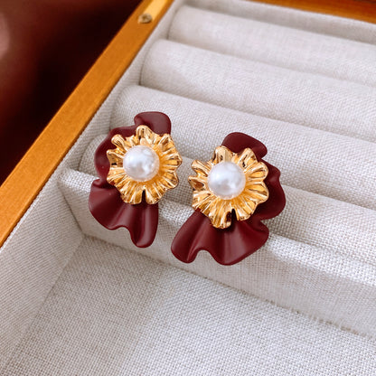 Real Gold Electroplated Silver Needle Pearl Flower Earrings