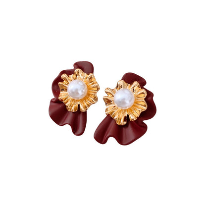 Real Gold Electroplated Silver Needle Pearl Flower Earrings