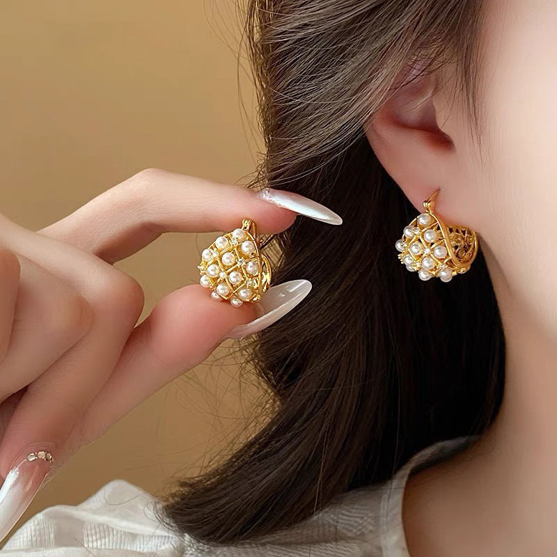 French Rhinestone Pearl Mesh Geometry Ear Clip