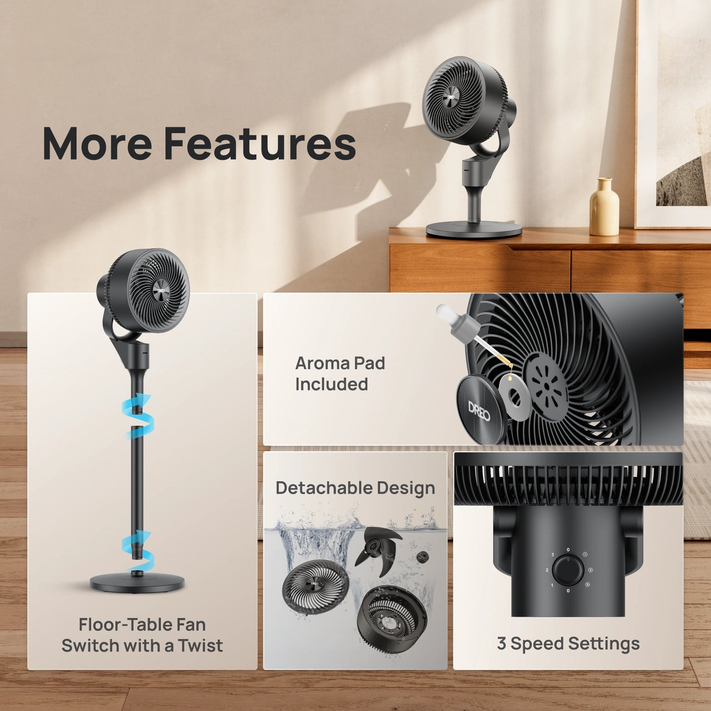 Dreo 2-in-1 Oscillating Pedestal Fan with 3 Speeds