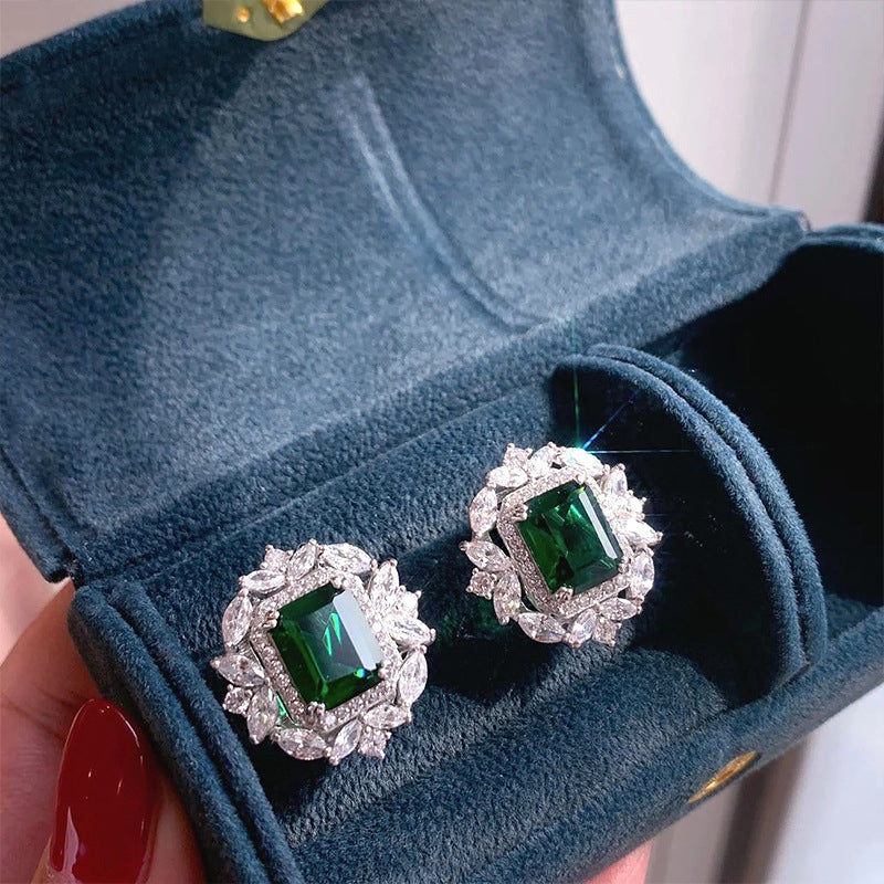 Full Diamond Inlaid Rectangular Rhinestone Flower Ear Studs