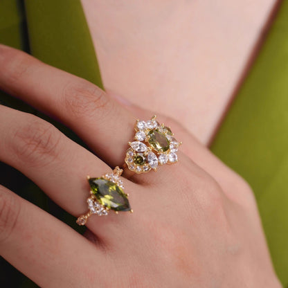 French Shining Olive Green Zircon Ring Female Court Retro