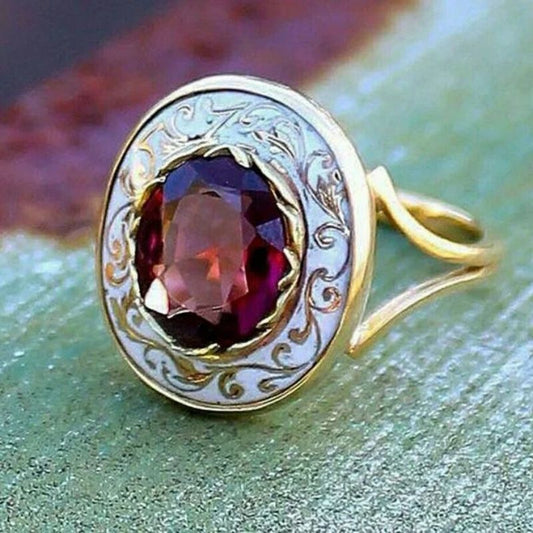 Vintage Inlaid Dark Red With Round Zircon Ornament Ring