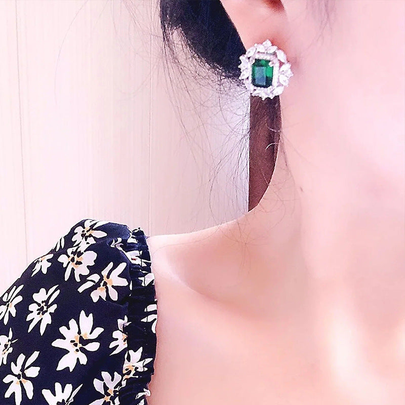 Full Diamond Inlaid Rectangular Rhinestone Flower Ear Studs