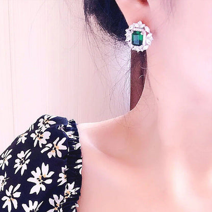 Full Diamond Inlaid Rectangular Rhinestone Flower Ear Studs
