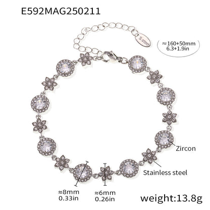 5A Zircon Six-leaf Flower Round Diamond Stainless Steel Plated 18K Gold Bracelet