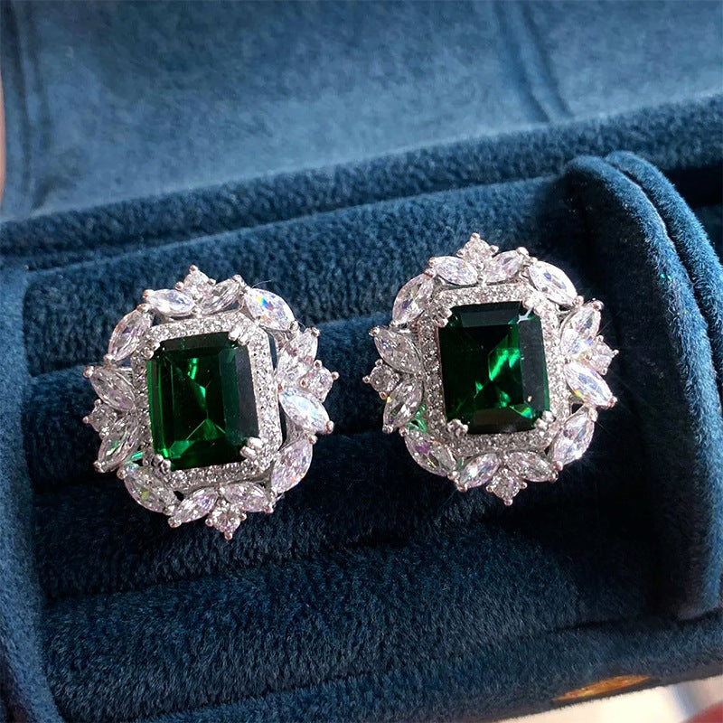 Full Diamond Inlaid Rectangular Rhinestone Flower Ear Studs