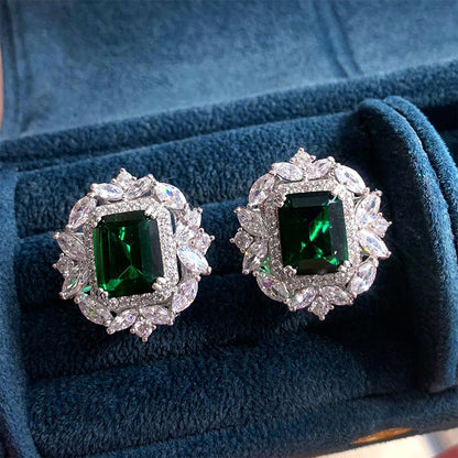 Full Diamond Inlaid Rectangular Rhinestone Flower Ear Studs